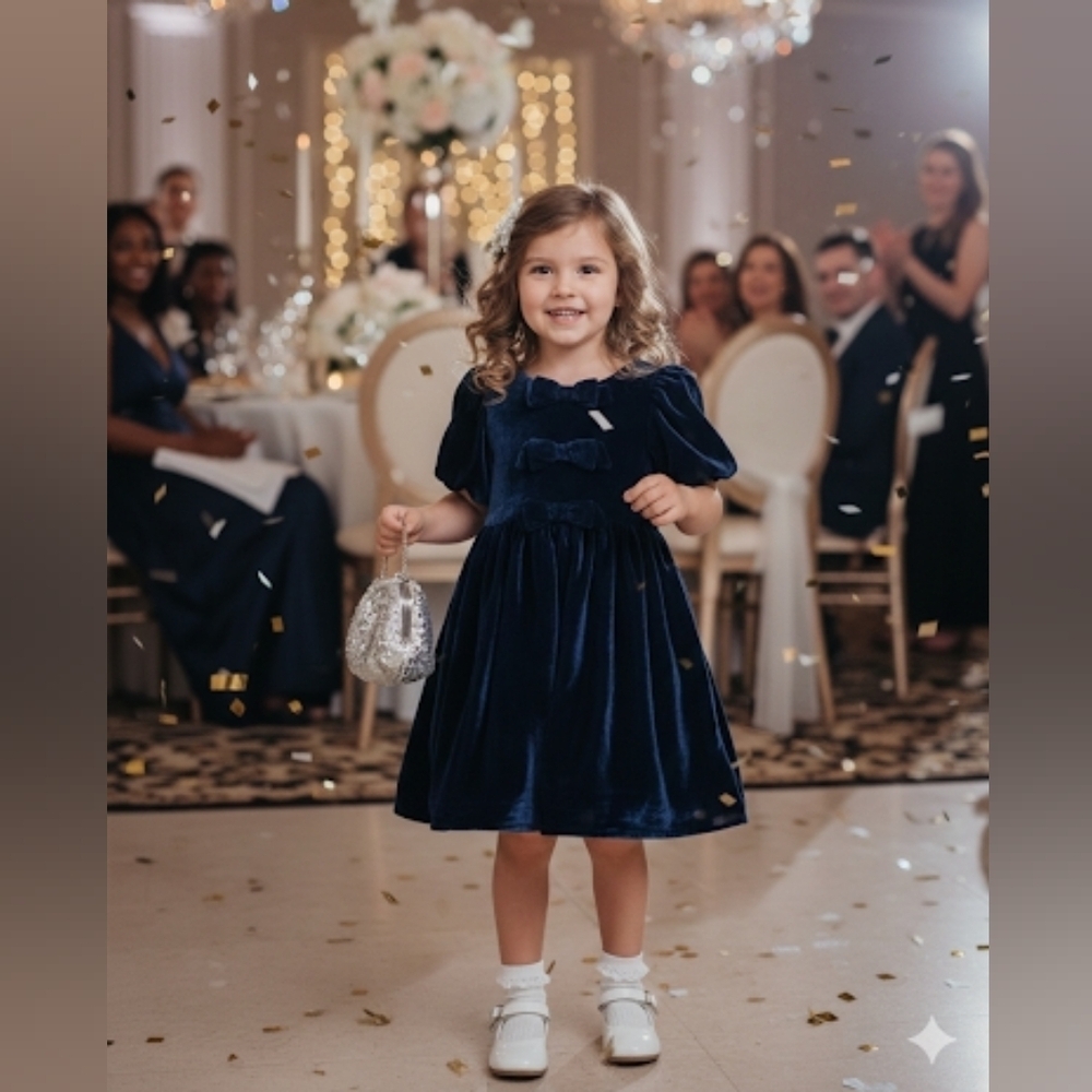 Janie and Jack Navy Blue Velvet Girl's Dress w/ Bubble Short Sleeve, Size 4,NWT